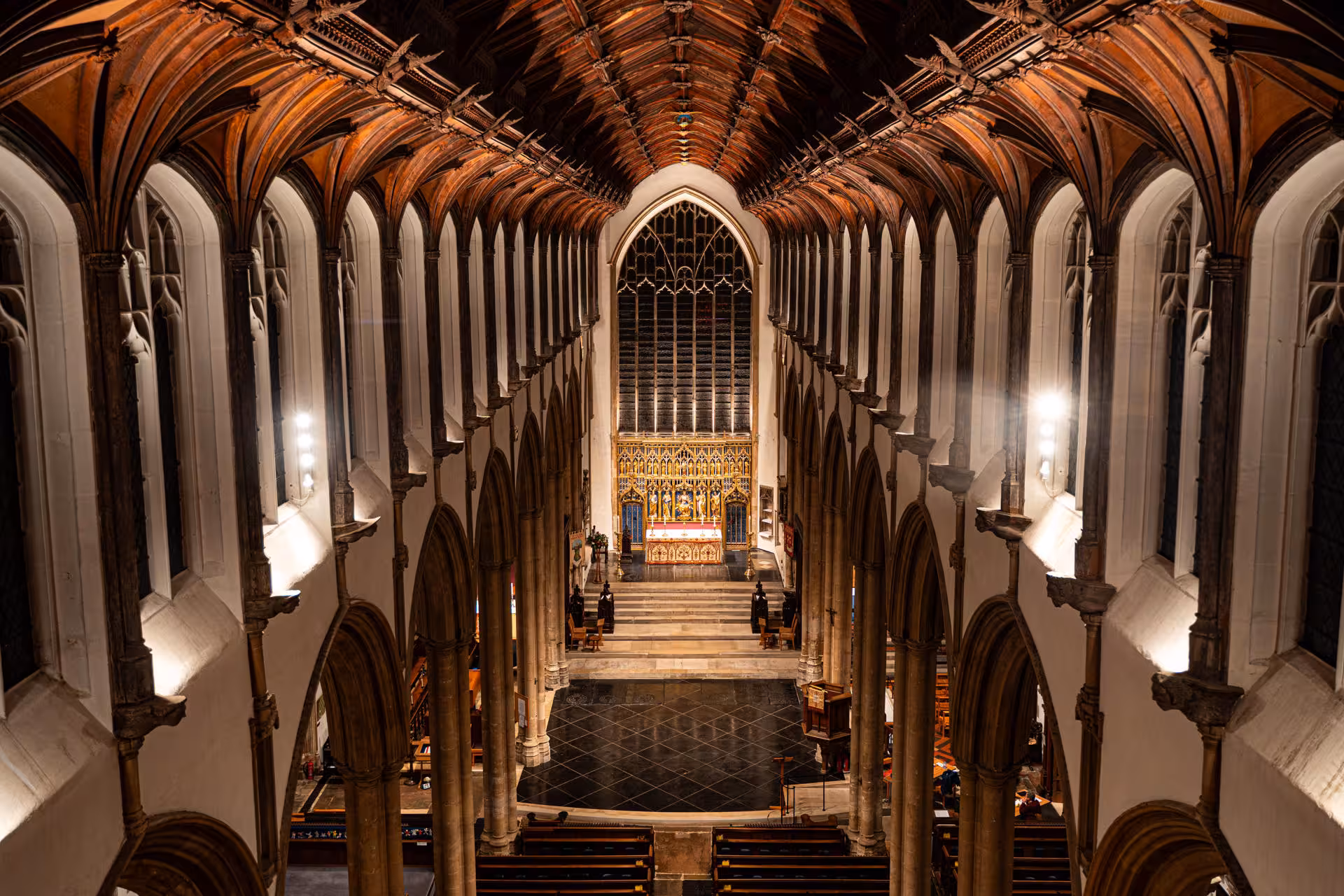 Interior view of St Peter Mancroft church nave and altar.